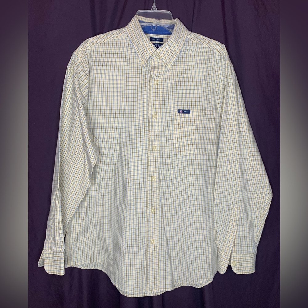 Chaps men’s long sleeve button down shirt light yellow blue checks size L